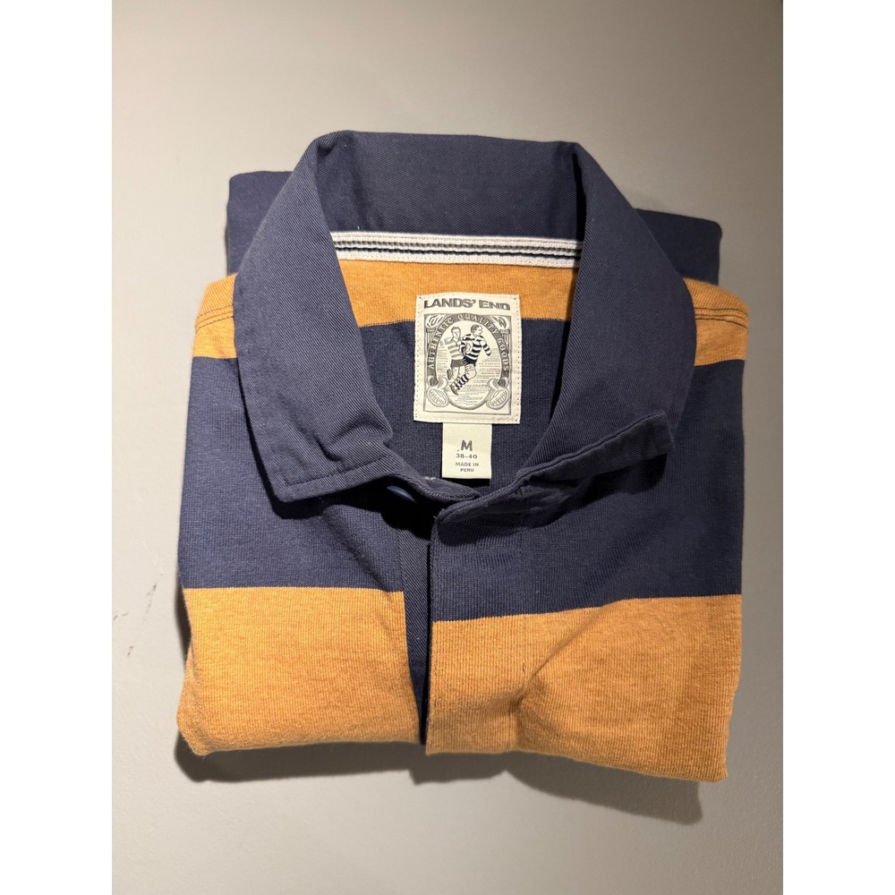 Lands End Mens Long Sleeve Rugby Shirt Navy Blue Yellow Striped Medium 501919